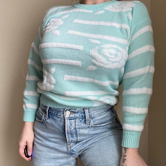 Vintage 80s pastel mint floral striped sweater - Picture 6 of 8